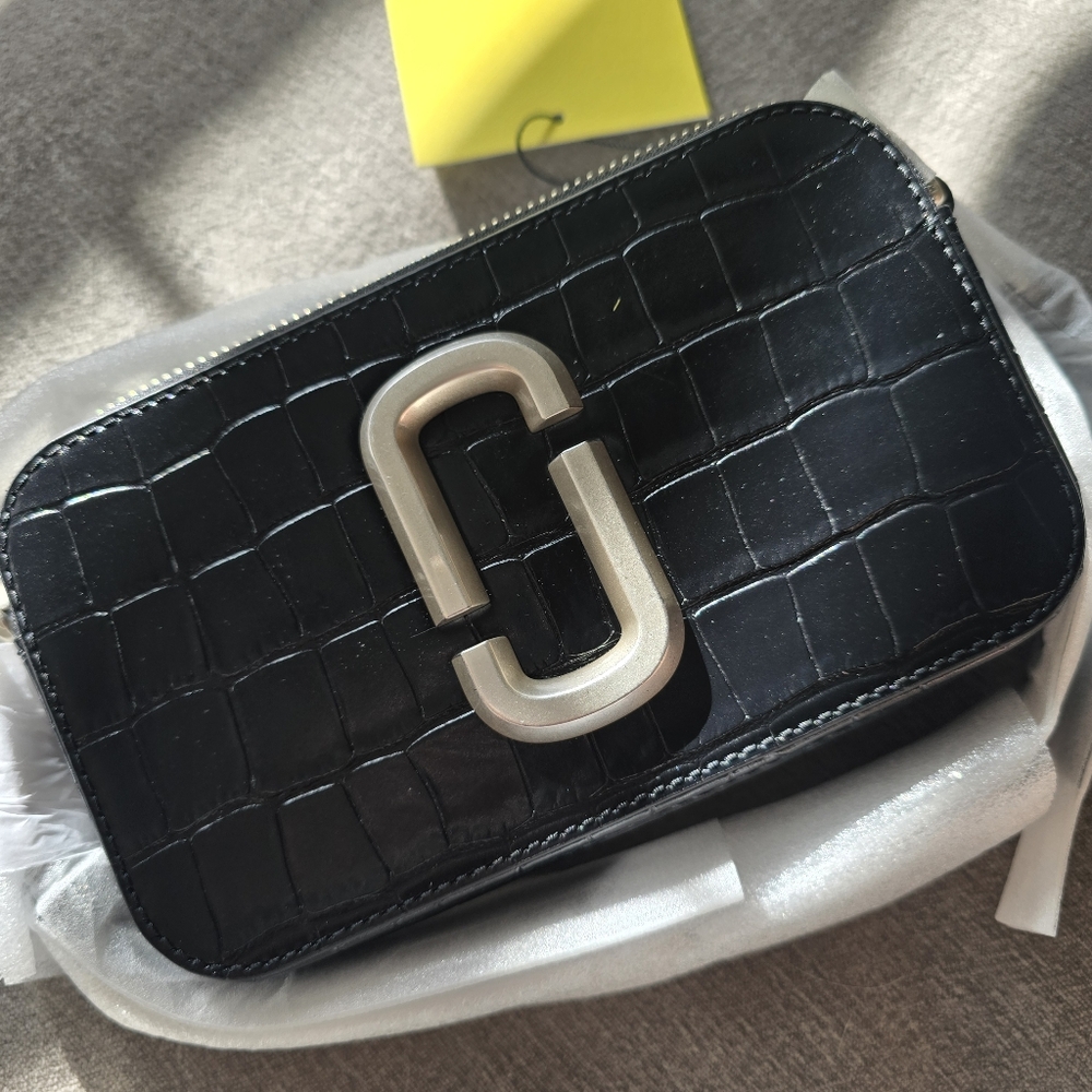 Black Croc-Embossed Camera Bag with Double J Hardware